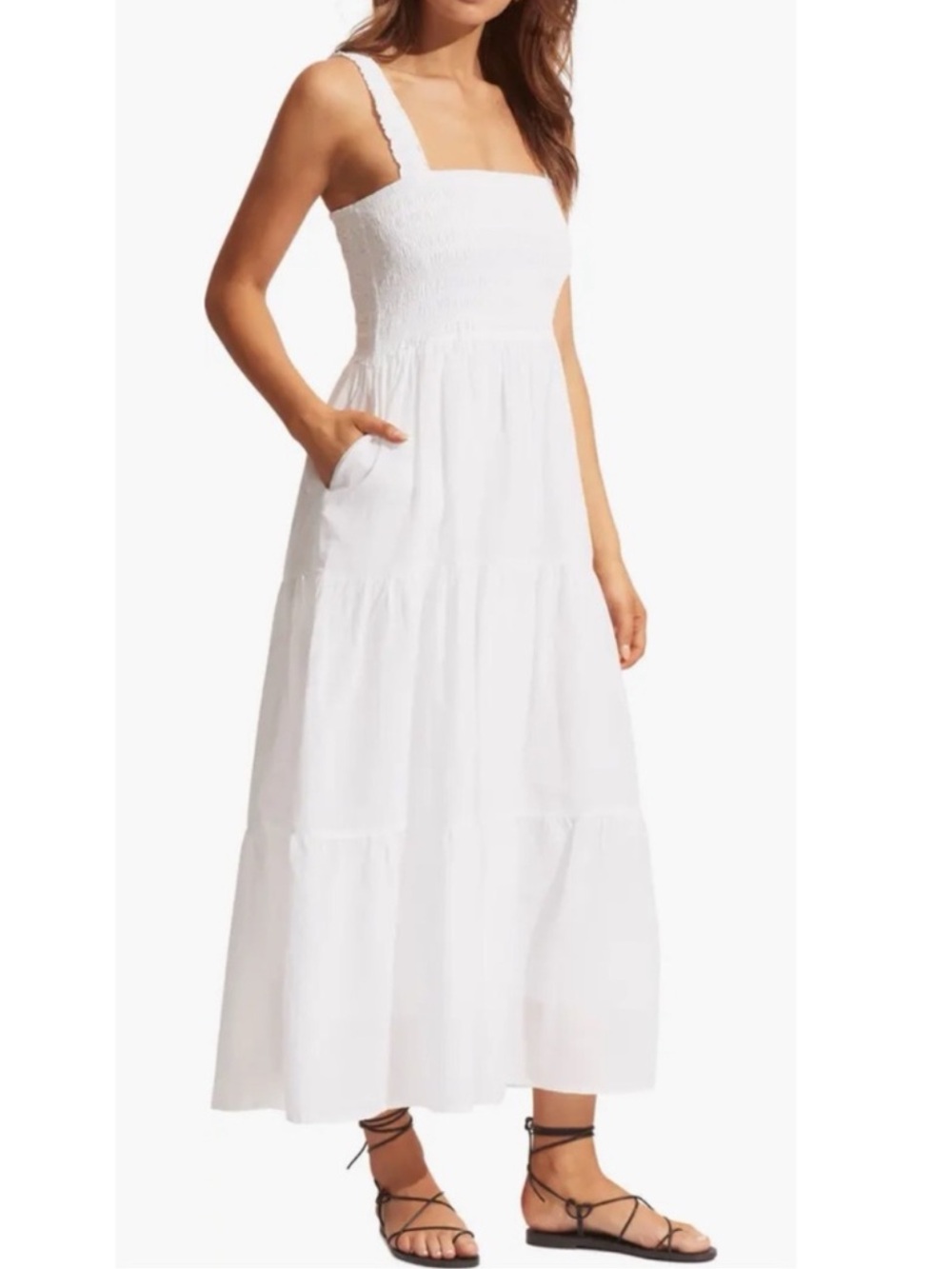 Seafolly Beach House White Smocked Cotton Maxi Dress Size S